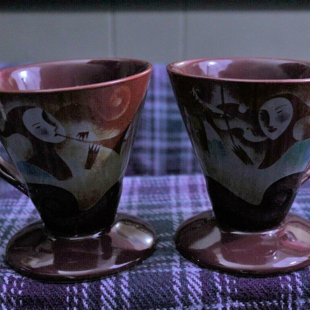Frangelico Liqueur Coffee Mug Set of Two Linda Frichtel 1999 Signed Jester
